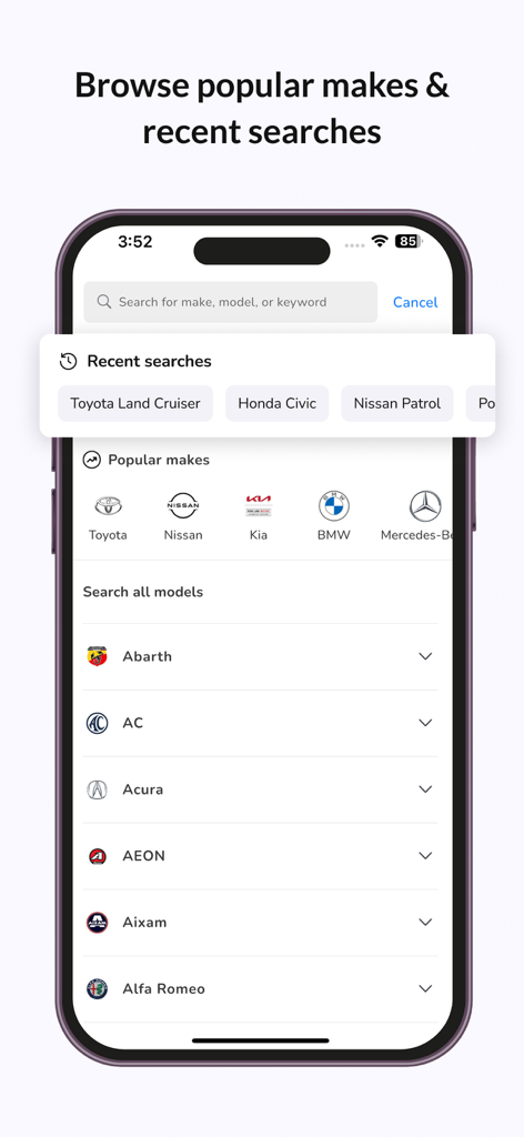 DubiCars | Used & New Cars UAE - DubiCars mobile app search screen displaying popular car makes and recent search history for vehicle models.