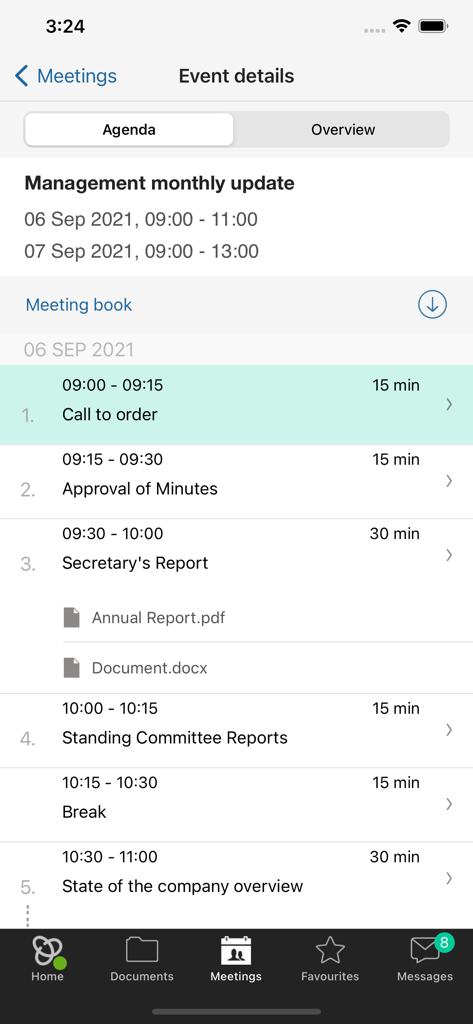 Captura de tela do aplicativo Admincontrol exibindo a agenda de uma reunião mensal de atualização da gestão com horários específicos e itens da pauta