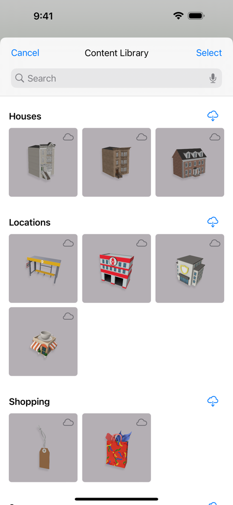 Reality Composer - Uma biblioteca de ativos 3D no Reality Composer com categorias como casas, locais e itens de compras.