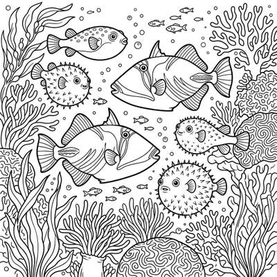 Explore the fascinating world beneath the waves with this detailed coloring page featuring distinctive triggerfish and charming pufferfish. Immerse yourself in an intricate marine ecosystem filled with corals and sea anemones, ready for your creative touch.