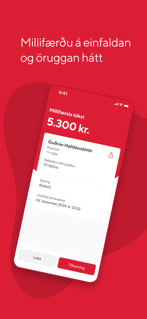 A mobile phone displaying a successful money transfer confirmation in the Islandsbanki app