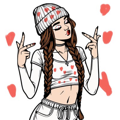 realistic teenage girl with braids and a beanie and crop top doing 🫶🏼