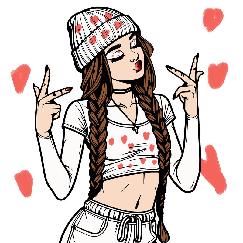 realistic teenage girl with braids and a beanie and crop top doing 🫶🏼