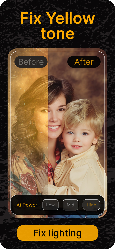 RetroFix - Old Picture Restore - A before and after side by side comparison of an old photo being restored to fix yellow tones and lighting using AI