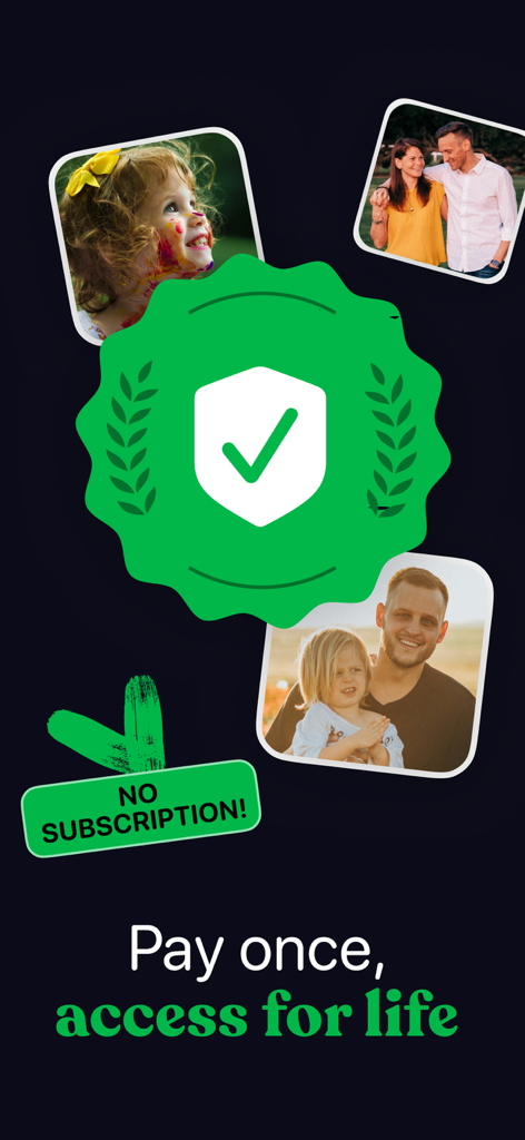 Collage Maker for Photos - A promotional screen for a photo collage app showing family memories with a focus on the no subscription pay once access for life model
