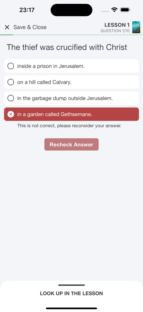 An interactive Bible lesson quiz in the Emmaus app showing a multiple choice question and incorrect answer feedback.