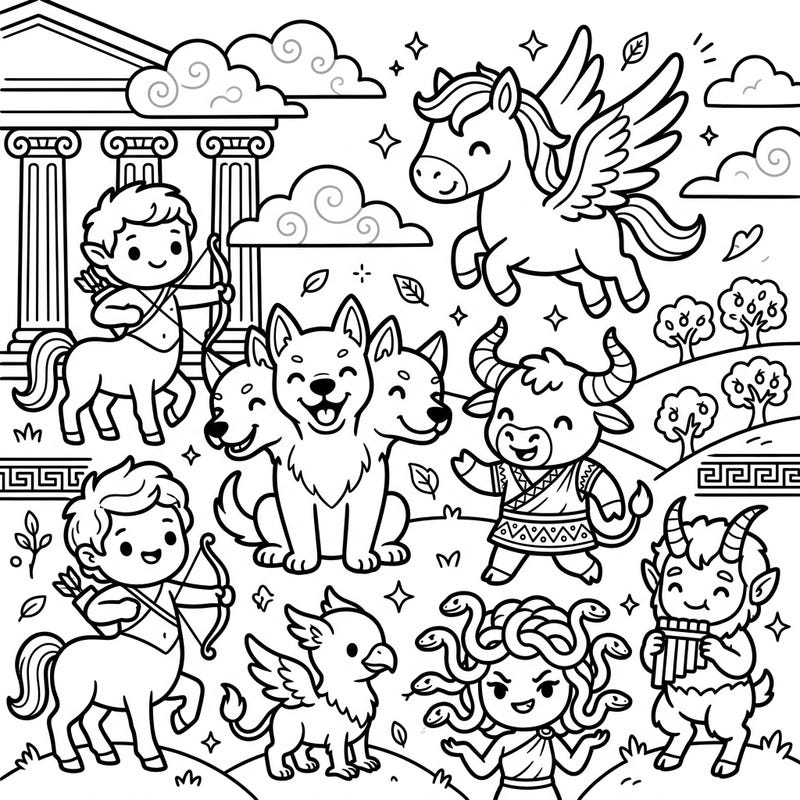 Dive into the magical world of Greek mythology with this adorable coloring page featuring a host of legendary creatures. Perfect for kids aged 4-8, it offers an exciting way to learn about ancient myths while having fun.