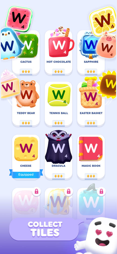 Wordzee! - Puzzle Word Game - Wordzeeゲーム内のテディベアやサボテンを含む、さまざまな収集可能なレタスタイルのコレクションを示すメニュー。