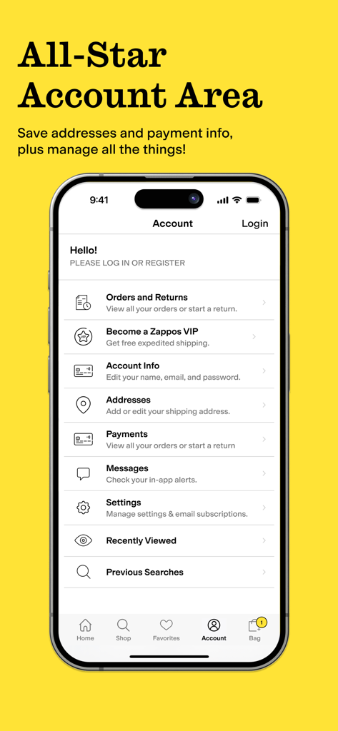 Zappos: Shop shoes & clothes - Zappos mobile app account screen showing orders and returns and payment management options