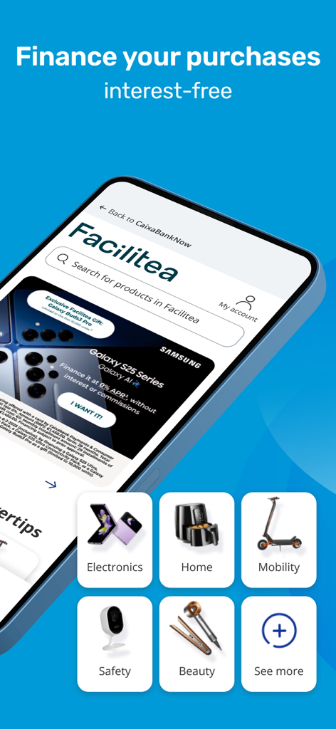 CaixaBankNow: Online banking - Interface do recurso Facilitea no aplicativo CaixaBankNow mostrando financiamento sem juros para eletrônicos e produtos domésticos