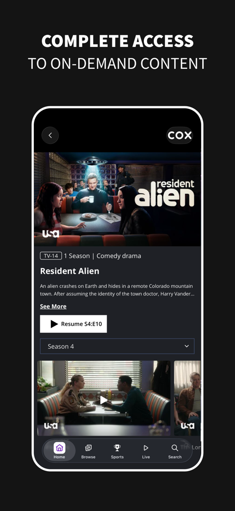 SYFY app screen showing on-demand access to the show Resident Alien on the USA network.