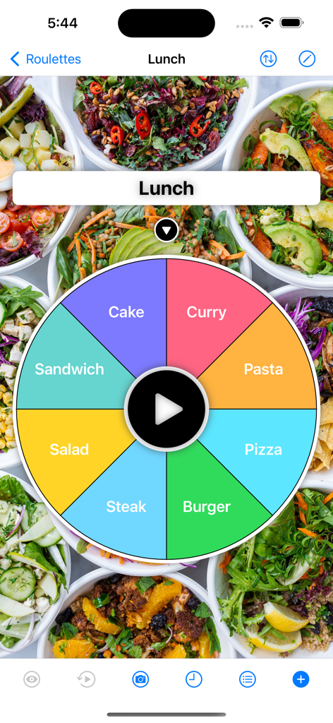 Roulette - Decision Roulette - A colorful decision roulette wheel with lunch options like pizza, burger, and salad over a food background.