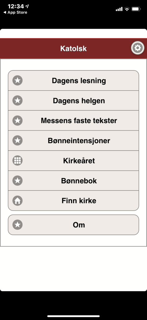 Interfaccia del menu principale dell'app Katolsk che mostra varie funzionalità religiose cattoliche in norvegese.