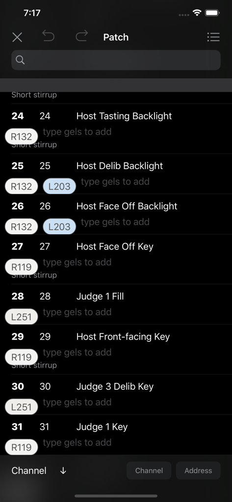 Interface of the Lighting Designer app showing a digital patch list with channel numbers and color gel assignments in dark mode