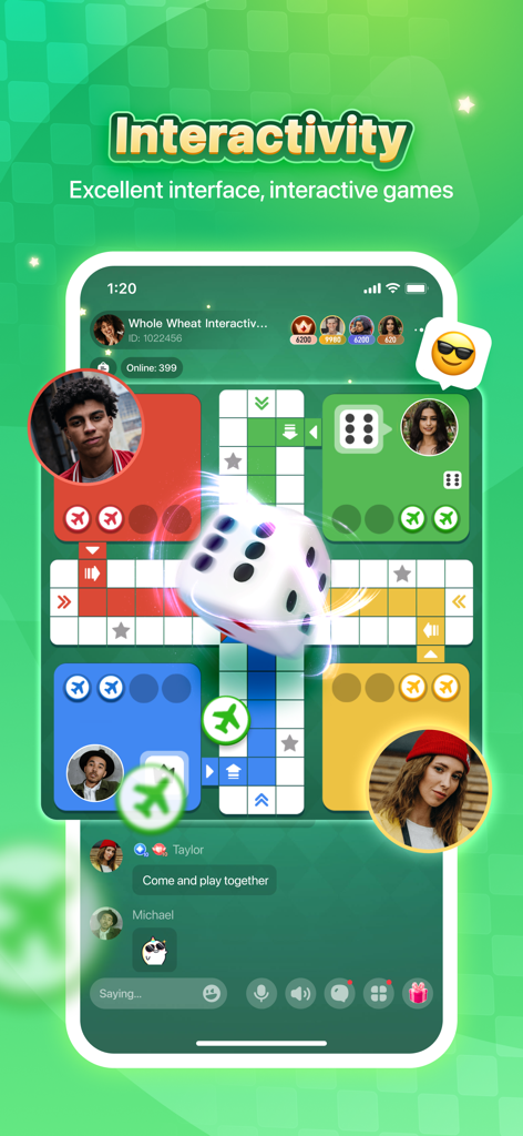 FunUp app screenshot showing an interactive Ludo game with user avatars and chat