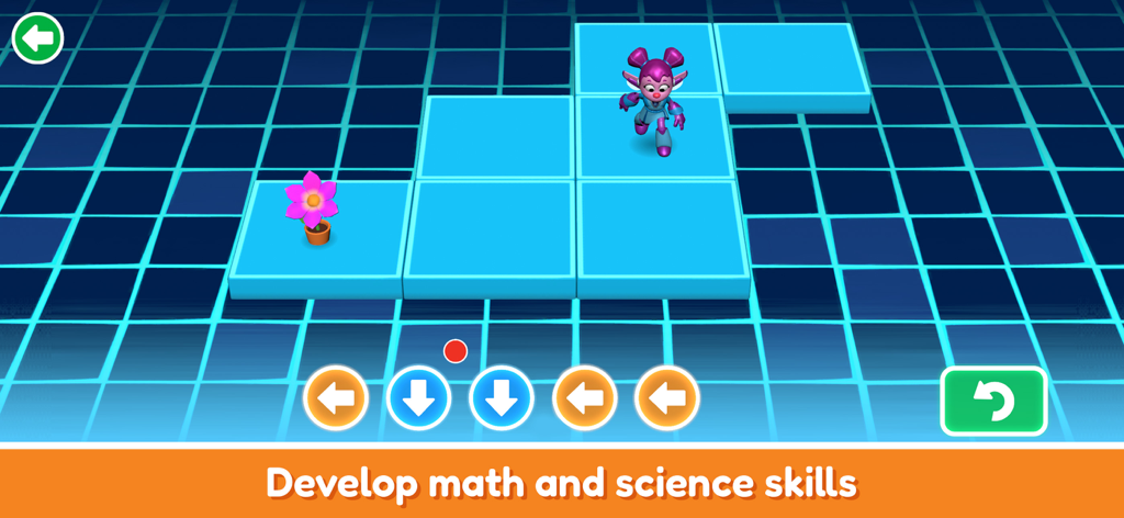 Personagem dos Mecha Builders num minijogo de programação concebido para desenvolver competências de matemática e ciência