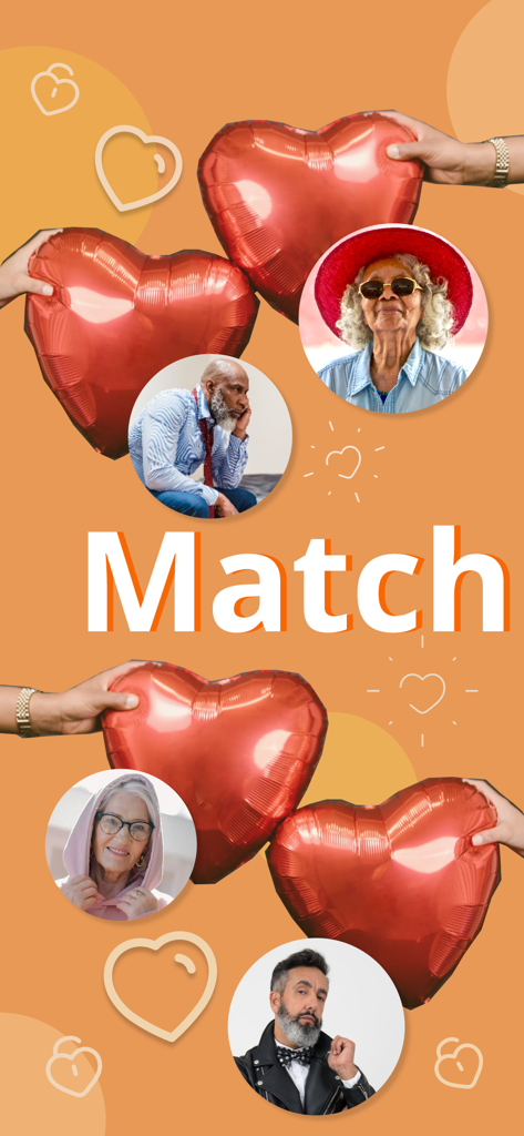 Uno schermo promozionale per Family Mature Dating con anziani diversi, palloncini a forma di cuore rosso e la parola Match su uno sfondo arancione.
