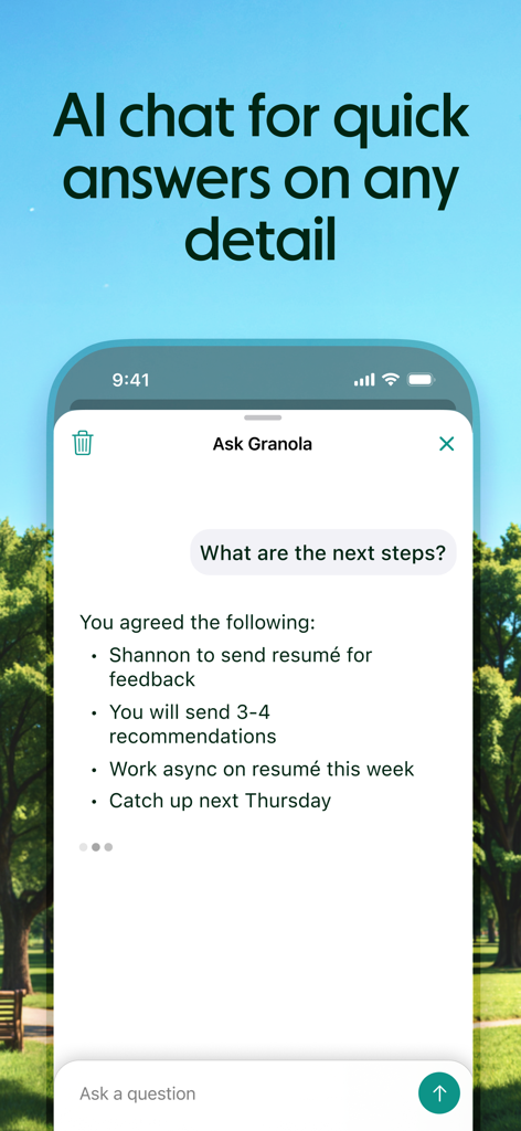 Application de notes de réunion Granola AI montrant une interface de chat pour des réponses rapides aux détails de la réunion.