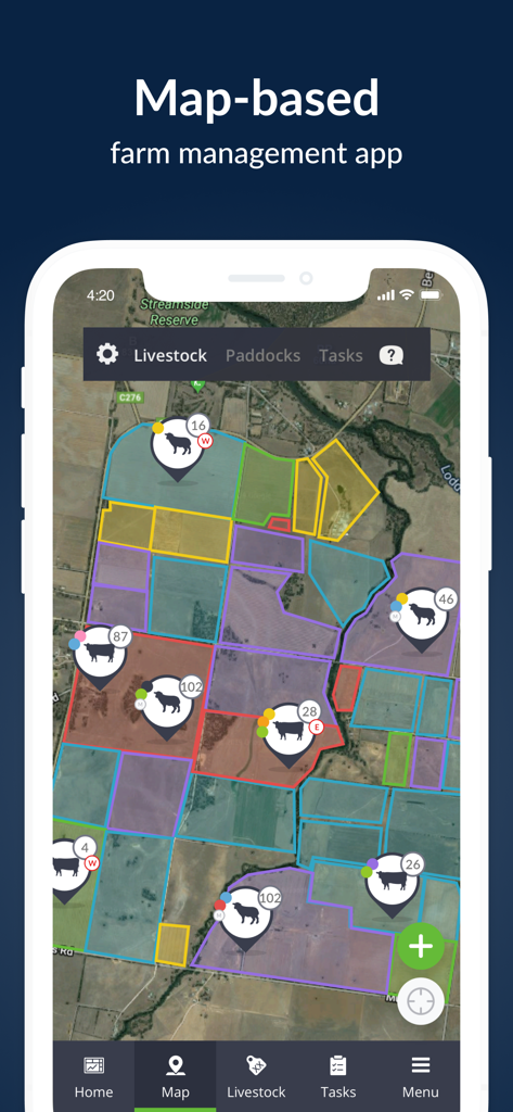 AgriWebb app showing a map-based farm management interface with livestock tracked across color-coded paddocks