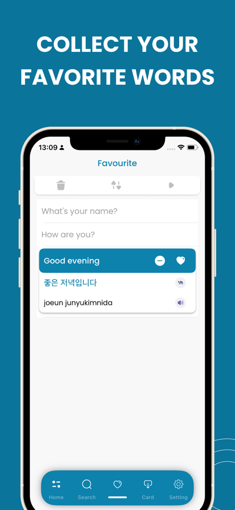 Learn Korean - Phrasebook - Interface of the Learn Korean Phrasebook app displaying a collection of favorite phrases with translations and native pronunciations.