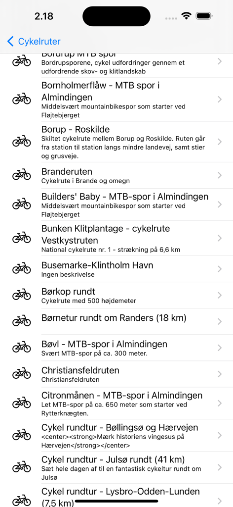 Listenansicht von Rad- und Mountainbike-Wegen in Dänemark in einer mobilen App