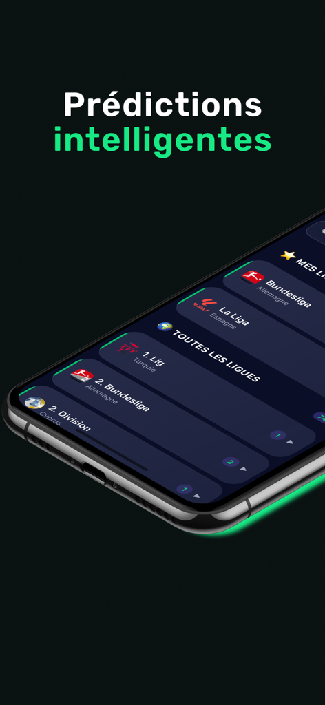 PredictIQ – AI Predictions - Un smartphone mostrando la interfaz de la aplicación PredictIQ con una lista de ligas de fútbol y el título Predicciones Inteligentes en francés.