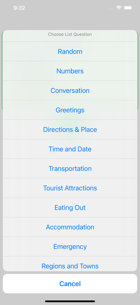 Learn Spanish Language Offline - List of Spanish language learning categories for travelers including emergency eating out and accommodation