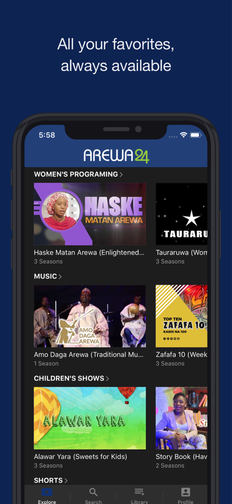 AREWA24 ON DEMAND mobile app interface showing various content categories like women programming music and children shows