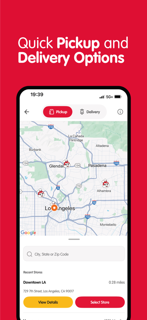 Jollibee - Order & Rewards - Pantalla de la app de Jollibee mostrando un mapa con ubicaciones de restaurantes en Los Ángeles para opciones de recogida y entrega.