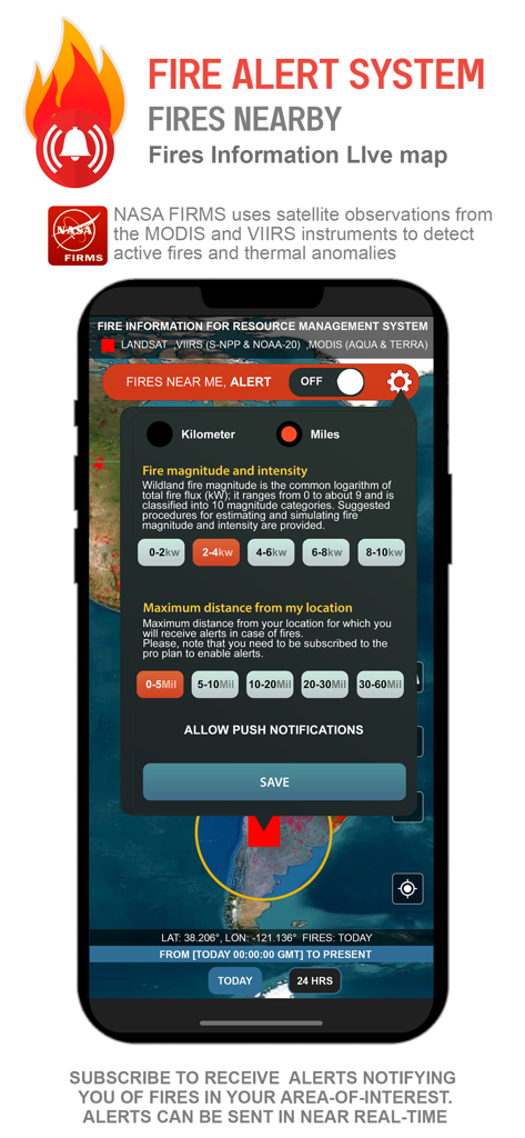 Fires Live Map, Alerts & Info - Pantalla de configuración de la aplicación de alerta de incendios que muestra filtros personalizables de distancia e intensidad para notificaciones de incendios forestales en tiempo real.