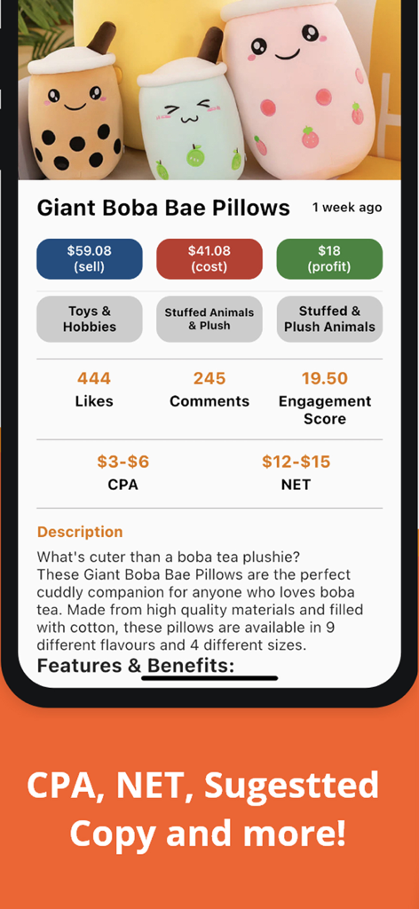 Dropshipping Analytics - Pantalla de la aplicación Dropshipping Analytics mostrando márgenes de beneficio y datos de interacción para un producto de almohada de boba