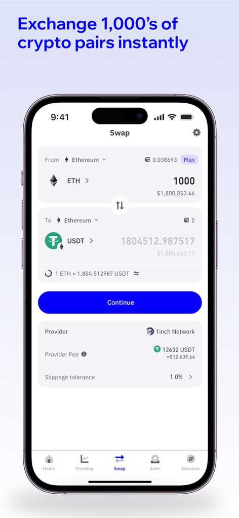Trust: Crypto & Bitcoin Wallet - Tela móvel do aplicativo Trust Wallet mostrando o recurso de troca de cripto trocando Ethereum por USDT