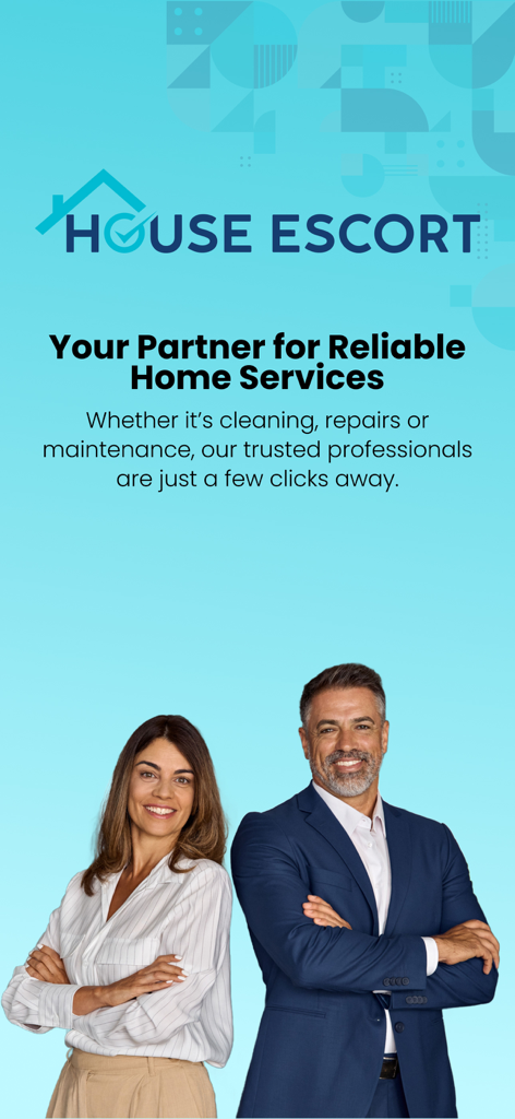 Pantalla de presentación de la aplicación House Escort promocionando servicios del hogar confiables con socios profesionales.