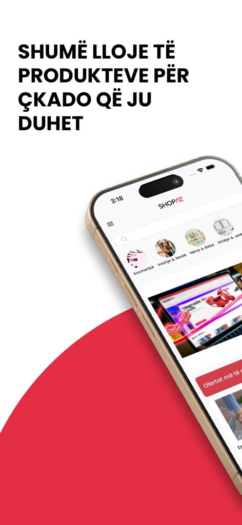 ShopAZ - Smartphone displaying the ShopAZ app interface featuring product categories like cosmetics and fashion with Albanian text