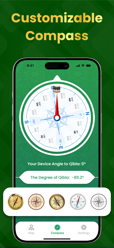 Una pantalla de aplicación móvil que muestra una brújula Qibla personalizable con varias opciones de diseño para encontrar la dirección de La Meca.