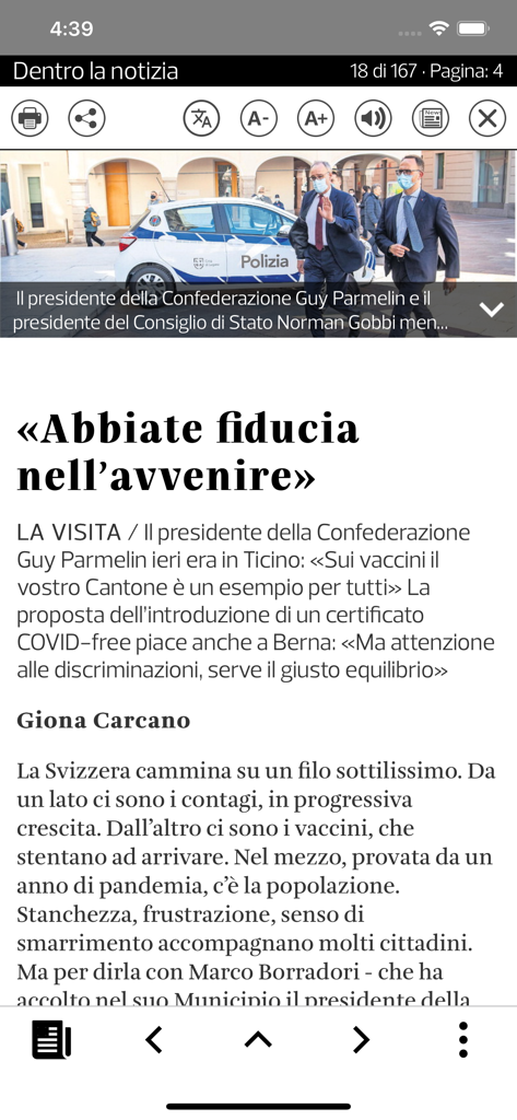 CdT E-paper - イタリア語の見出しと政治家の写真が特徴のCdT E-paperアプリのニュース記事のモバイルビュー
