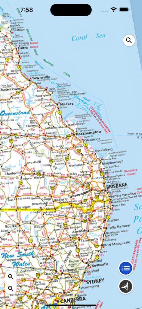 Aus Map - Detailed navigation map of Eastern Australia showing major cities and roads in the Aus Map app