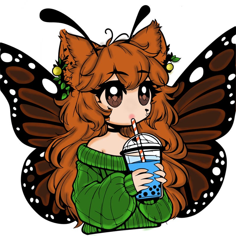 a realistic butterfly/furry girl drinking boba