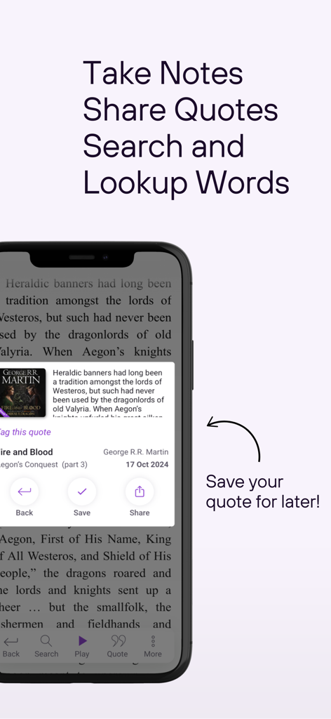 xigxag: Audiobooks, but Better - Interfaz de usuario que muestra la función de tomar notas y compartir citas en la aplicación xigxag