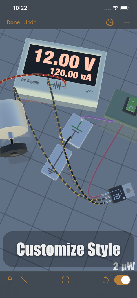 iCircuit 3D - Uma simulação 3D de um circuito eletrônico em uma bancada virtual apresentando uma fonte de alimentação DC, um motor e fiação