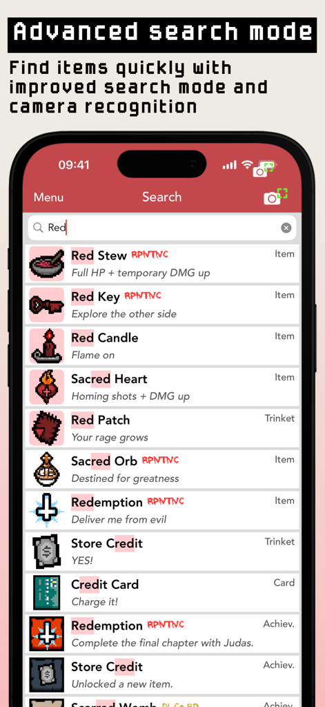 Guide+ for Binding of Isaac - Advanced search results for red items in the Binding of Isaac companion app.