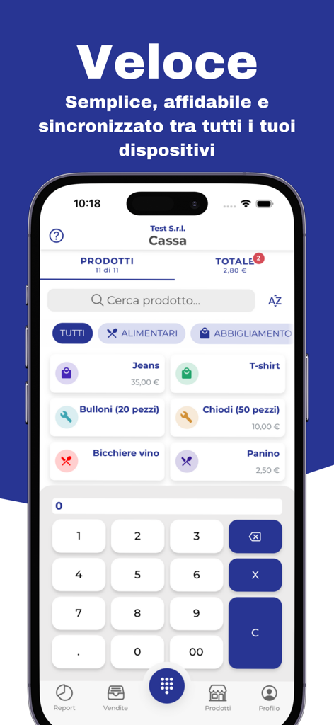 CassApp Scontrino Elettronico - A mobile app interface showing a virtual cash register with product selection buttons and a numeric keypad for fast transactions.