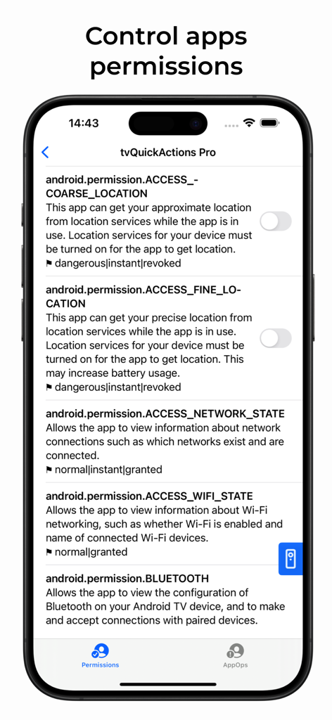 iPhone interface showing Android TV app permission controls in atvTools