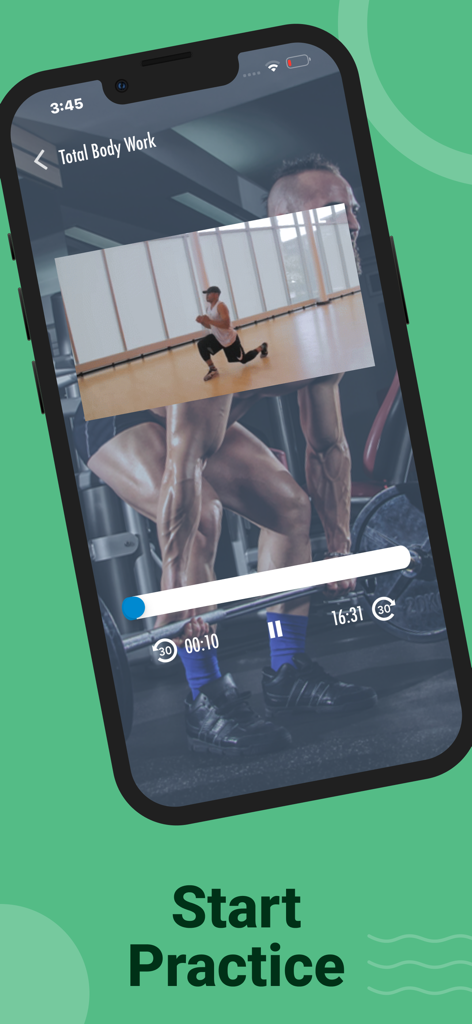 Ninja Athletic Training - Ninja Athletic Training app interface showing a total body workout video and a start practice button