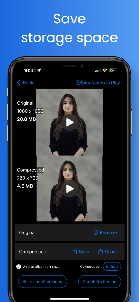 Easy Video Compressor - Resize - Comparaison côte à côte des tailles et résolutions des fichiers vidéo originaux et compressés pour économiser de l'espace de stockage