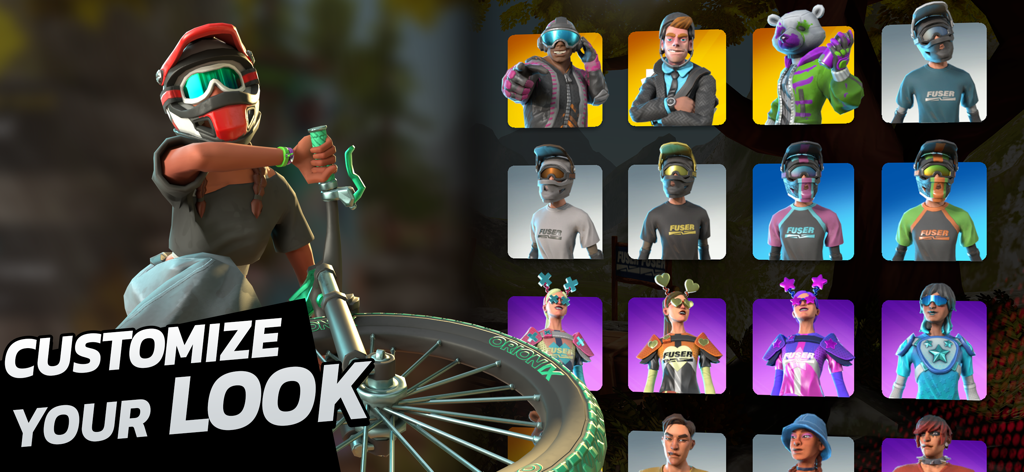 Touchgrind BMX 3: Rivals - Touchgrind BMX 3 Rivals에서 라이더를 위한 다양한 캐릭터 스킨과 커스터마이징 옵션을 보여주는 메뉴.