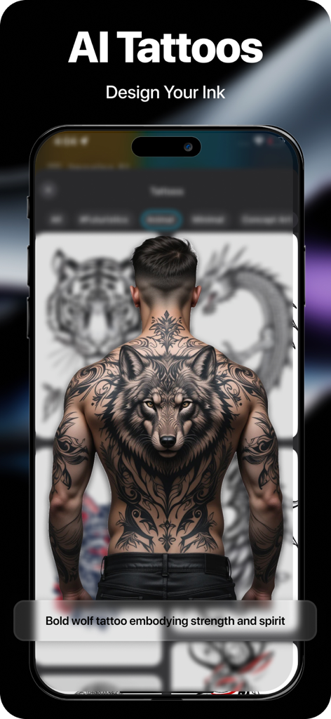 Imagine AI app interface showing an AI generated wolf tattoo design on a man's back