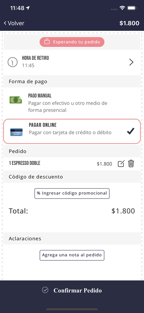 by Barcelona - Pantalla de selección de pago y finalización de compra en la aplicación by Barcelona que muestra un pedido de espresso y la opción de pago en línea.