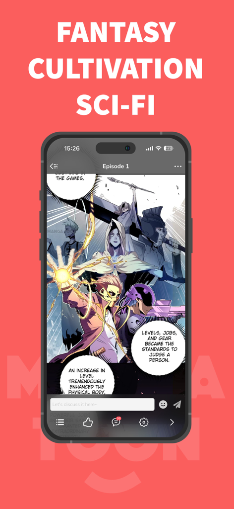 MangaToon app interface showing a fantasy and sci-fi cultivation manga