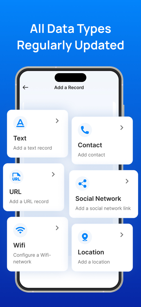 Screenshot of NFC Tools app showing various record types like Text Contact URL and Wifi for writing to NFC tags